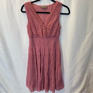 J. Gee Pink Sleeveless Button Front Crochet Boho Midi Dress Medium Petite Summer